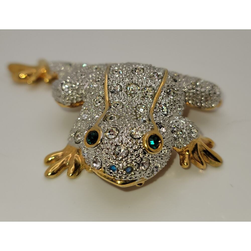 Vintage Gold-tone Big Frog Brooch with Clear Rhinestones